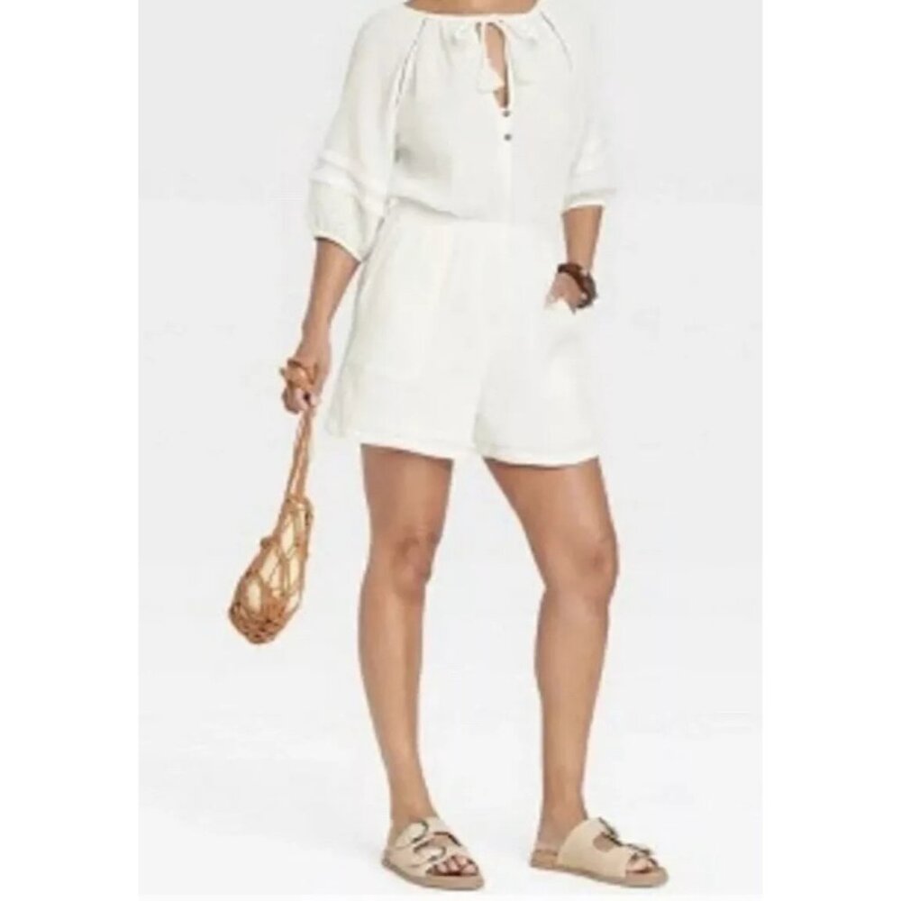 NWT Knox Rose Women's White Short Sleeve Gauze Tassel Romper w/ Pockets Size 4X